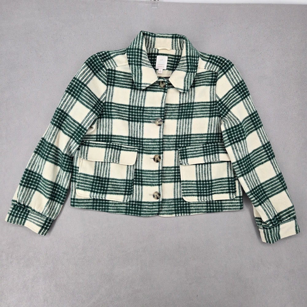 LC Lauren Conrad Womens Large Green Plaid Cropped Button Front Shacket Jacket